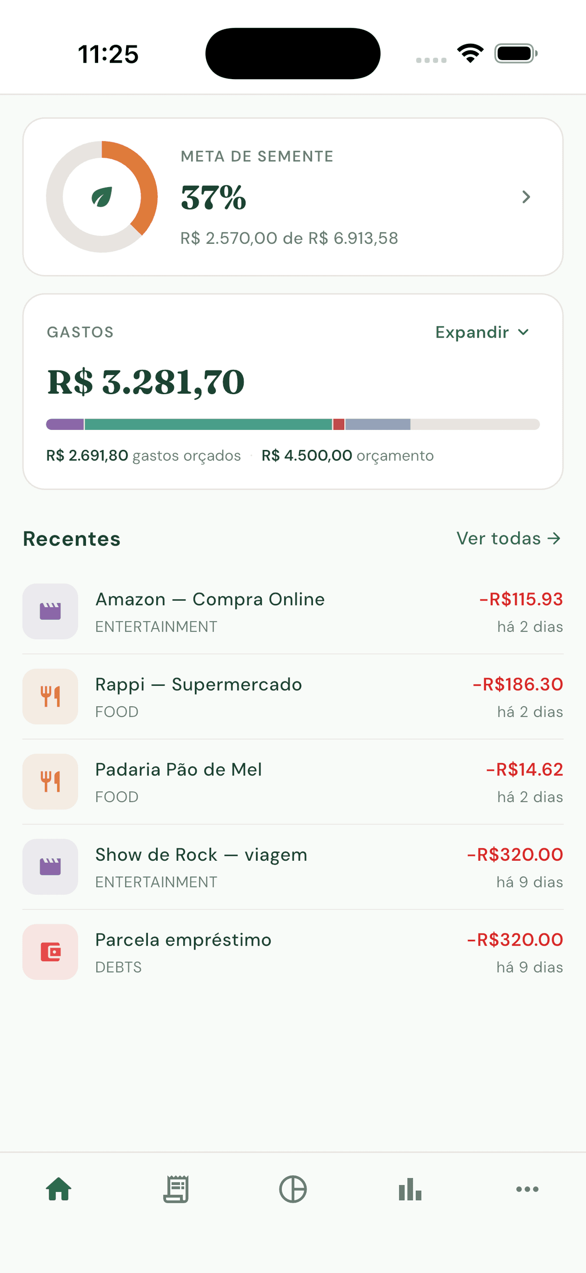 Tela principal do app Pomar mostrando savings rate, projeção FIRE e contas conectadas via Open Finance